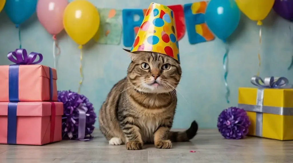 happy birthday cat images - funny cat with gifts