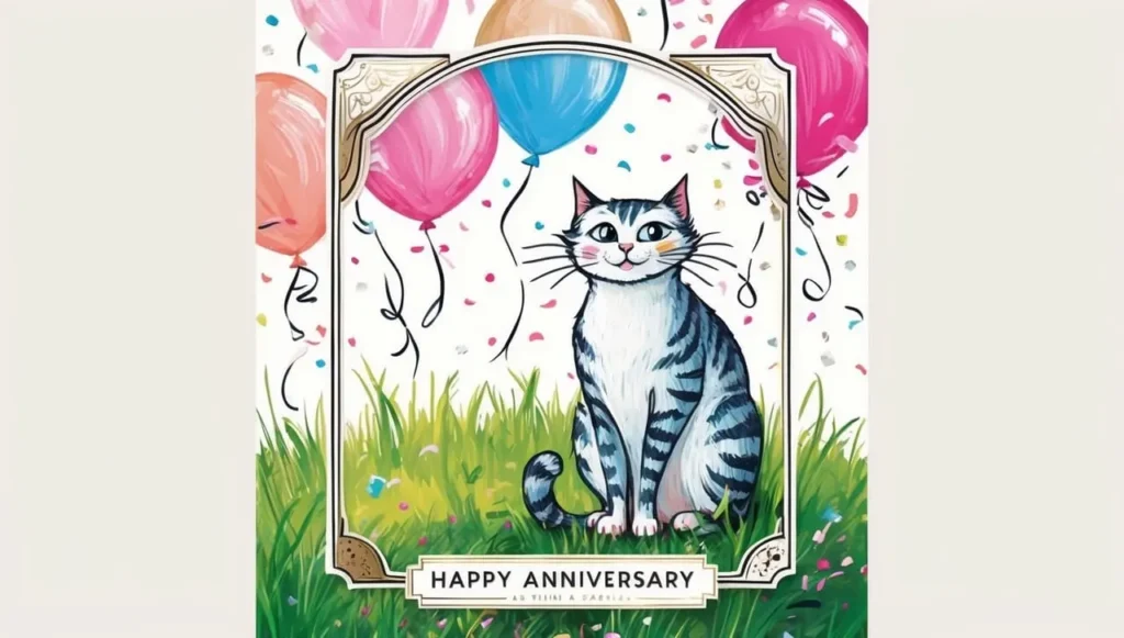 happy anniversary cat - themed card illustration