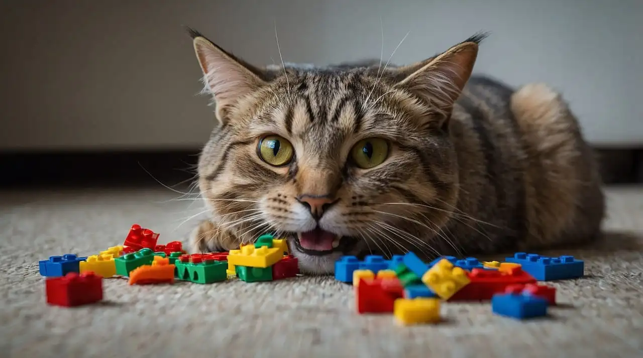 cat eating legos