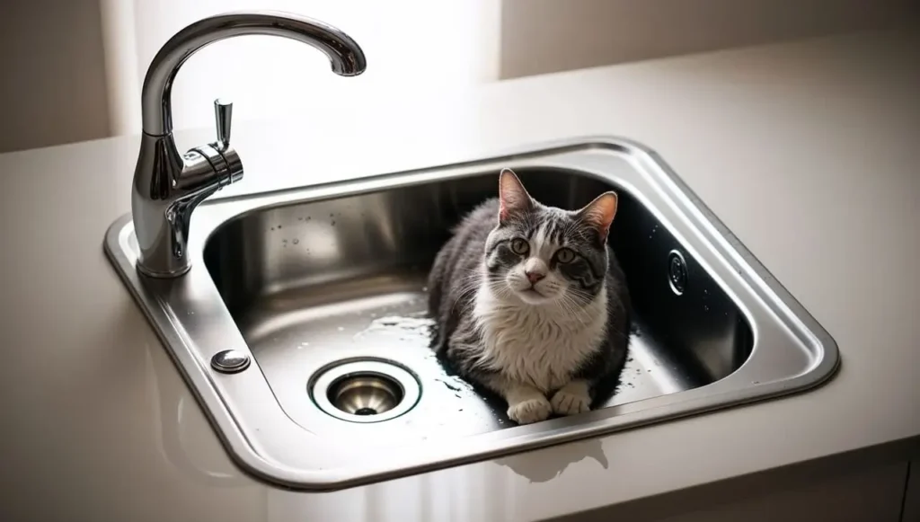 bathe a cat - cat in kitchen sink