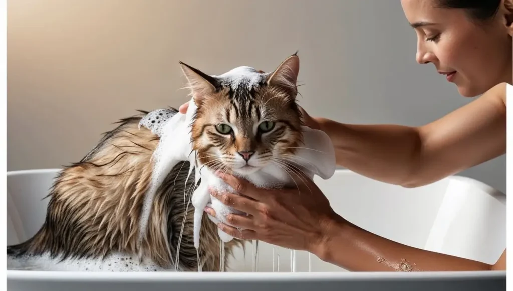 bathe a cat - wetting cat's fur