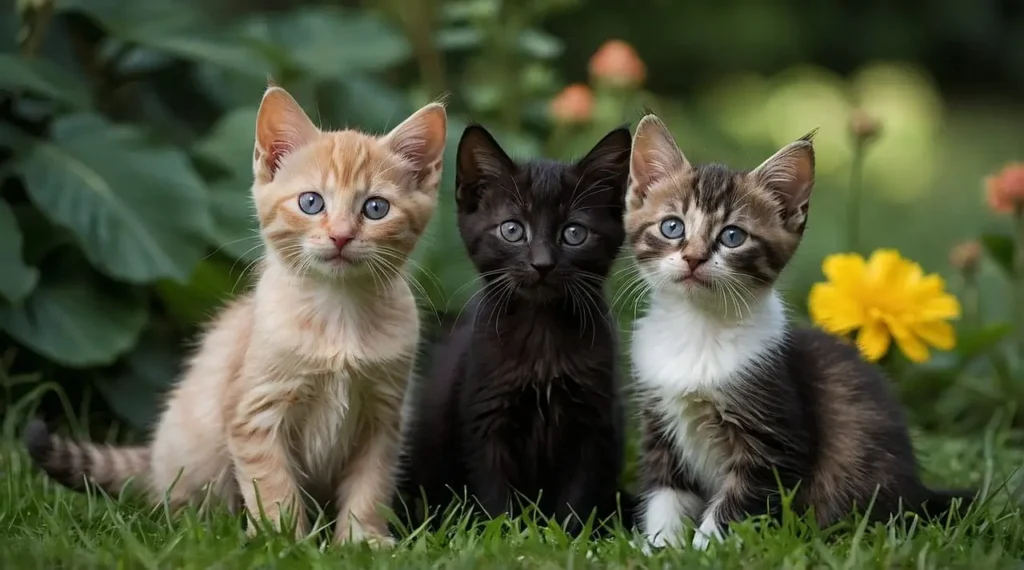 black Maine coon kitten with 2 kittens