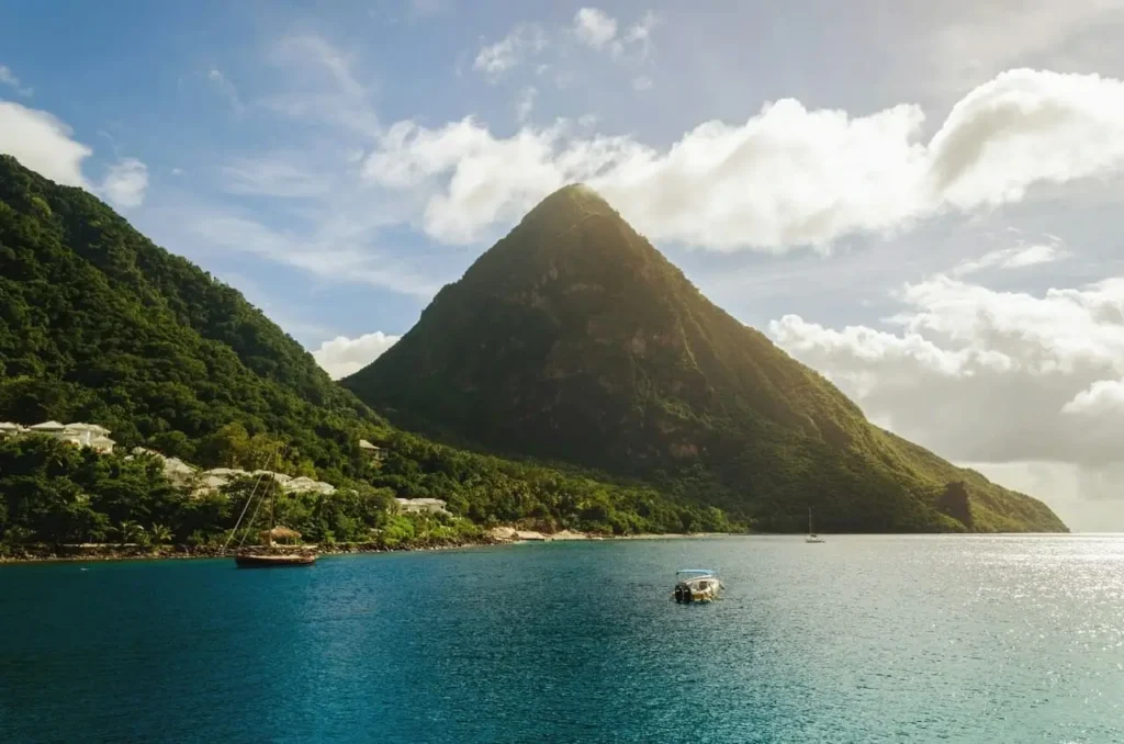 Green mountain and boats in St Lucia
